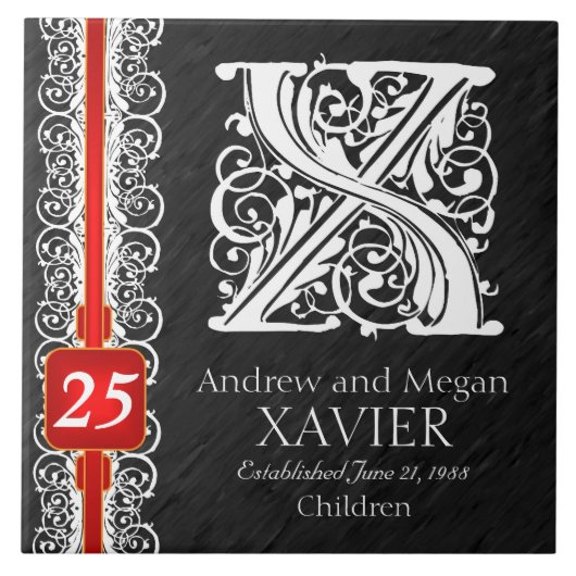 X Monogram "White Lace on Black" Jubileum Tegel Tegeltje (Voorkant)