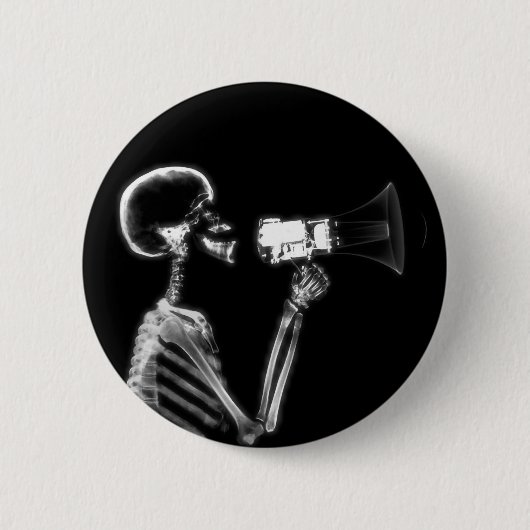 X-RAY SKELETON OP MEGAPHONE - B&W RONDE BUTTON 5,7 CM (Voorkant)