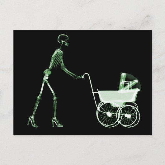 X-RAY SKELETON VROUW- EN BABY-CARRIAGE - GROENE BRIEFKAART (Voorkant)