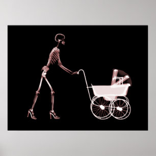 X-RAY SKELETON VROUW EN BABY CARRIAGE - RED POSTER