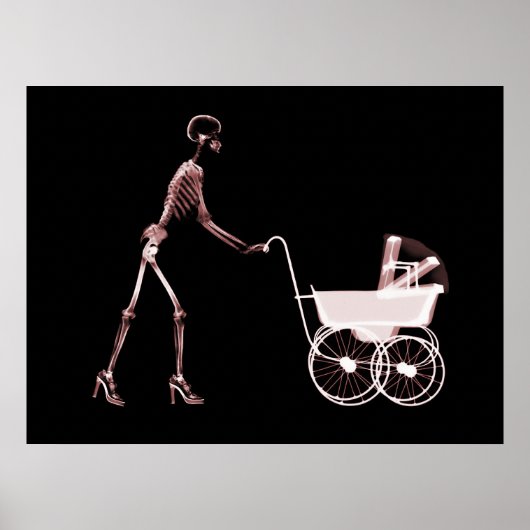 X-RAY SKELETON VROUW EN BABY CARRIAGE - RED POSTER (Voorkant)