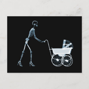 X-RAY SKELETON WOMAN & BABY CARRIAGE - BLUE BRIEFKAART