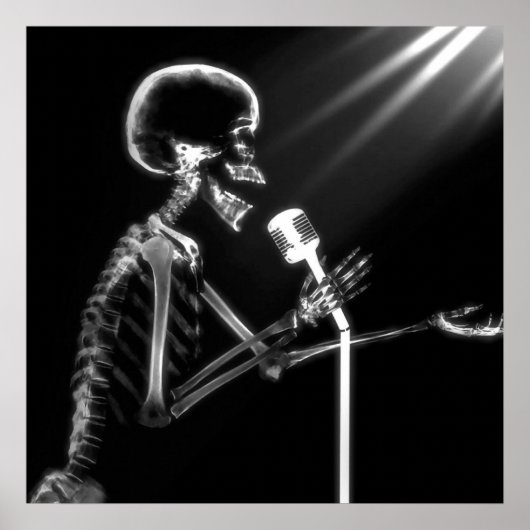 X-RAY VISION SKELETON SINGON OP RETRO MIC - B&W POSTER (Voorkant)