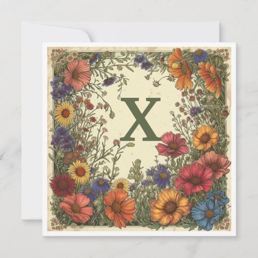 "X" Verdigris Groen: Bloom & Monogram Feestdagenkaart (Voorkant)