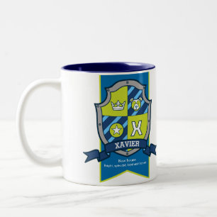 Xavier letter X crest blauw groen naam betekent Tweekleurige Koffiemok