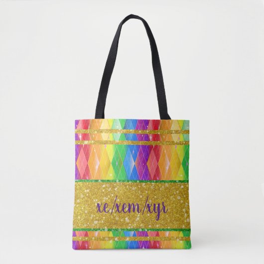 xem xem xyr pronoun glitter regenboogpride argyle tote bag (Voorkant)