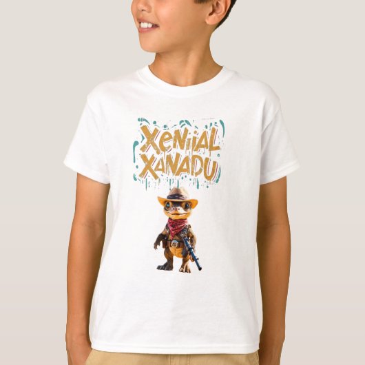 Xenial Xanadu: Schattige cowboydinosaurussen T-shirt (Voorkant)