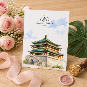 Xi'an Toren China, Aquarel Reis Souvenir Briefkaart
