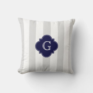 XL Lt Gray White Stripes Navy Quatrefoil Monogram Kussen