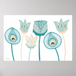 XL Turquoise Aqua  Funky Flower Art Poster