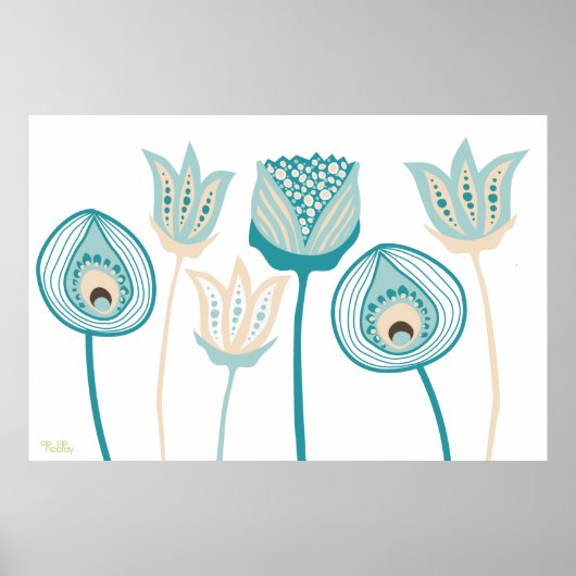 XL Turquoise Aqua Funky Flower Art Poster (Voorkant)