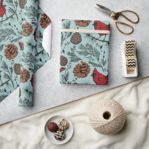 XL Winter Perched Rode Kardinaal & dennenappels Cadeaupapier