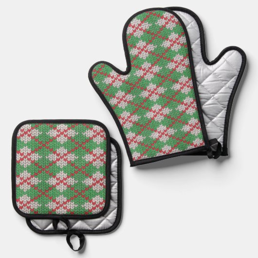 XMAS ARGYLE GEBREIDE Oven Mitt & Pottenhouder Set (Voorkant / Achterkant)