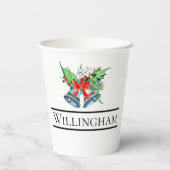 Xmas Bells Red Berries Evergreen Name Initiaal Papieren Bekers (Achterkant)