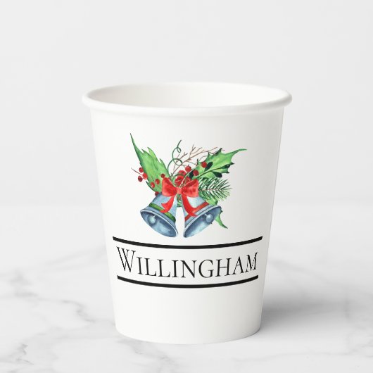 Xmas Bells Red Berries Evergreen Name Initiaal Papieren Bekers (Achterkant)