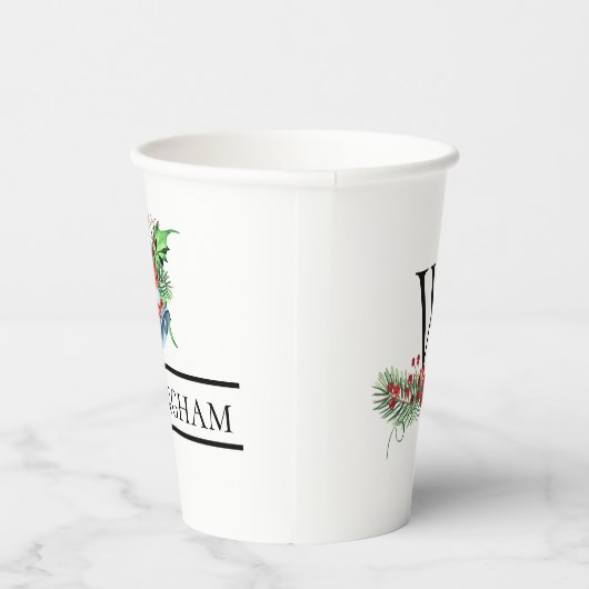 Xmas Bells Red Berries Evergreen Name Initiaal Papieren Bekers (Rechts)