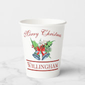 Xmas Bells Red Berries Evergreen Name Paper cup Papieren Bekers (Achterkant)