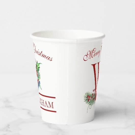Xmas Bells Red Berries Evergreen Name Paper cup Papieren Bekers (Rechts)