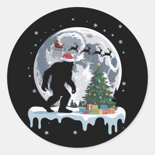 Xmas Bigfoot Santa Tree Sleigh Moon Reindeer Snow Ronde Sticker (Voorkant)