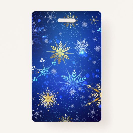 XMAS Blauwe Achtergrond met Golden Snowflakes Badge (Voorkant)