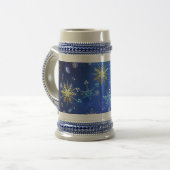 XMAS Blauwe Achtergrond met Golden Snowflakes Bierpul (Voorkant links)