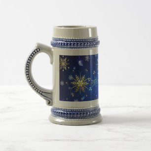 XMAS Blauwe Achtergrond met Golden Snowflakes Bierpul