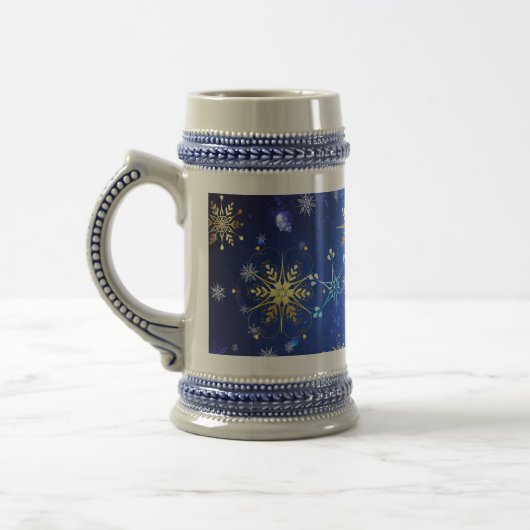 XMAS Blauwe Achtergrond met Golden Snowflakes Bierpul (Links)