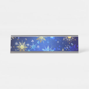 XMAS Blauwe Achtergrond met Golden Snowflakes Bureau Naambordje
