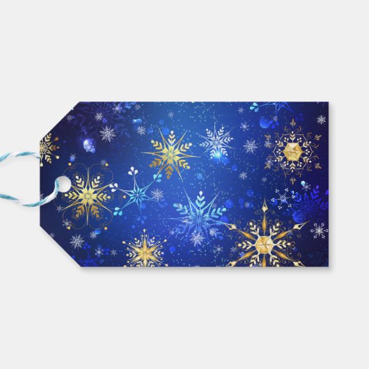 XMAS Blauwe Achtergrond met Golden Snowflakes Cadeaulabel (Achterkant Horizontaal)