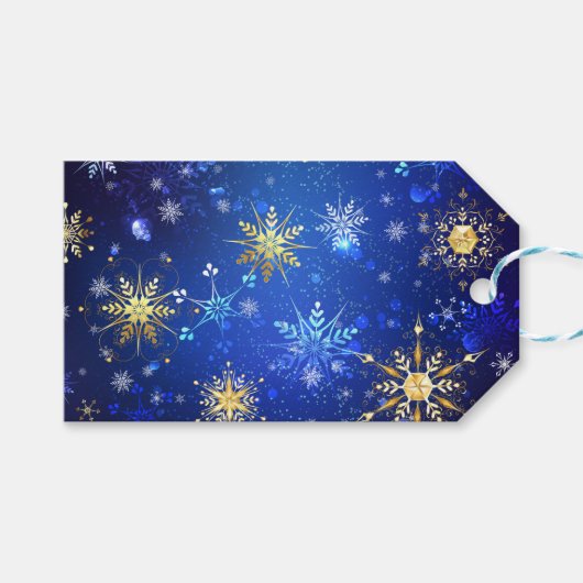 XMAS Blauwe Achtergrond met Golden Snowflakes Cadeaulabel (Voorkant (Horizontaal))