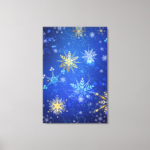 XMAS Blauwe Achtergrond met Golden Snowflakes Canvas Afdruk