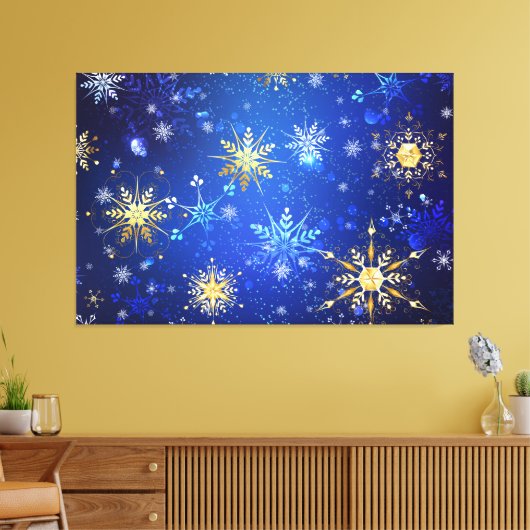 XMAS Blauwe Achtergrond met Golden Snowflakes Canvas Afdruk (Insitu (Woonkamer))