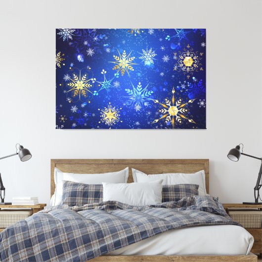 XMAS Blauwe Achtergrond met Golden Snowflakes Canvas Afdruk (Insitu (Slaapkamer))