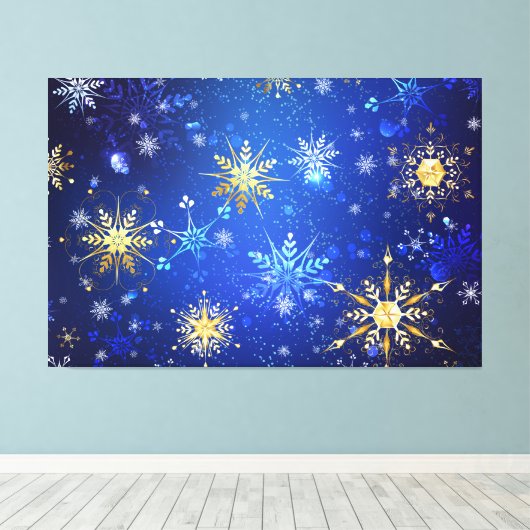 XMAS Blauwe Achtergrond met Golden Snowflakes Canvas Afdruk (Insitu (Houten vloer))