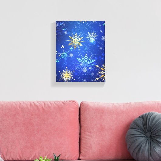 XMAS Blauwe Achtergrond met Golden Snowflakes Canvas Afdruk (Insitu (Woonkamer))
