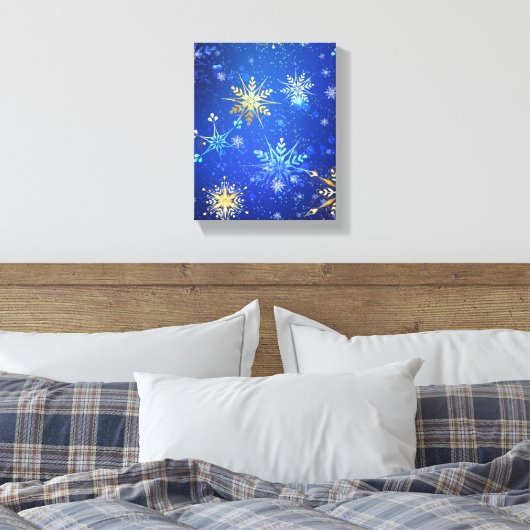 XMAS Blauwe Achtergrond met Golden Snowflakes Canvas Afdruk (Insitu (Slaapkamer))