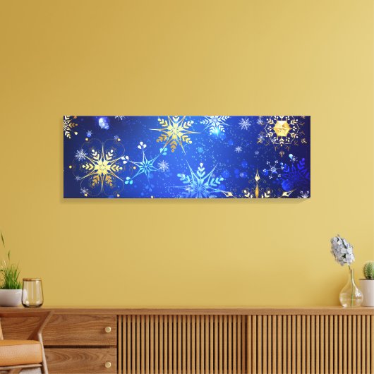 XMAS Blauwe Achtergrond met Golden Snowflakes Canvas Afdruk (Insitu (Woonkamer))