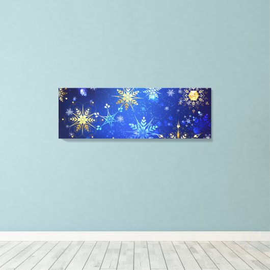 XMAS Blauwe Achtergrond met Golden Snowflakes Canvas Afdruk (Insitu (Houten vloer))