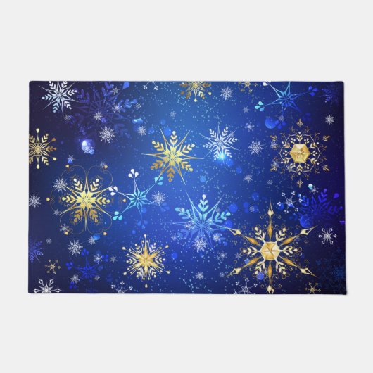 XMAS Blauwe Achtergrond met Golden Snowflakes Deurmat (Voorkant)