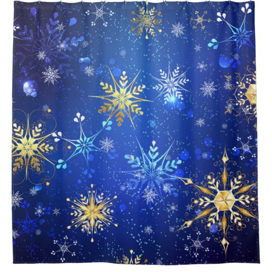 XMAS Blauwe Achtergrond met Golden Snowflakes Douchegordijn (Voorkant)