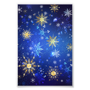 XMAS Blauwe Achtergrond met Golden Snowflakes Foto Afdruk
