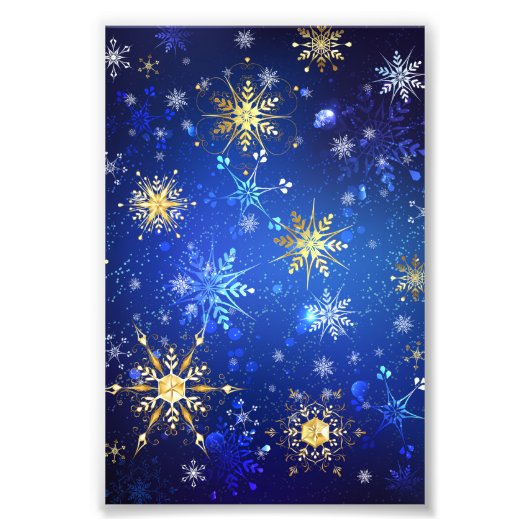 XMAS Blauwe Achtergrond met Golden Snowflakes Foto Afdruk (Voorkant)