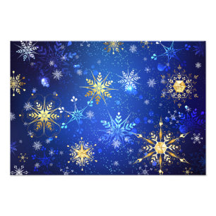 XMAS Blauwe Achtergrond met Golden Snowflakes Foto Afdruk