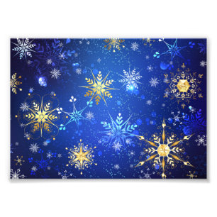 XMAS Blauwe Achtergrond met Golden Snowflakes Foto Afdruk