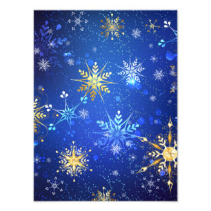 XMAS Blauwe Achtergrond met Golden Snowflakes Foto Afdruk