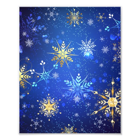 XMAS Blauwe Achtergrond met Golden Snowflakes Foto Afdruk (Voorkant)