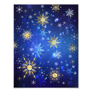 XMAS Blauwe Achtergrond met Golden Snowflakes Foto Afdruk