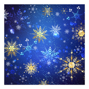 XMAS Blauwe Achtergrond met Golden Snowflakes Foto Afdruk