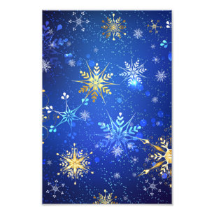 XMAS Blauwe Achtergrond met Golden Snowflakes Foto Afdruk