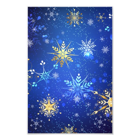 XMAS Blauwe Achtergrond met Golden Snowflakes Foto Afdruk (Voorkant)